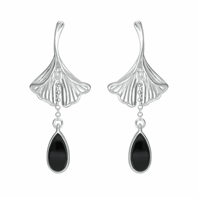 Sterling Silver Whitby Jet Teardrop Ginkgo Biloba Leaf Drop Earrings