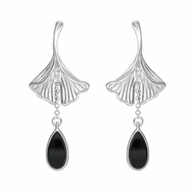 Sterling Silver Whitby Jet Teardrop Ginkgo Biloba Leaf Drop Earrings