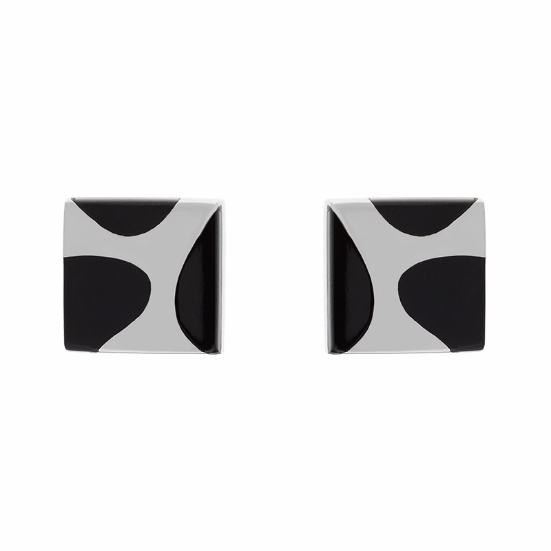 Sterling Silver Whitby Jet Three Stone Square Stud Earrings