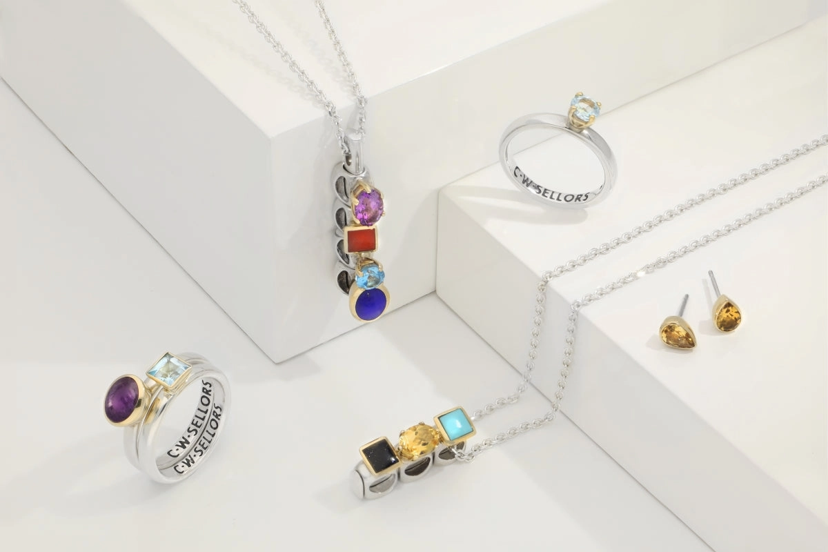 Sterling Silver Whitby Jet Topaz Turquoise Lapis Lazuli Stepping Stones Four Charm Necklace