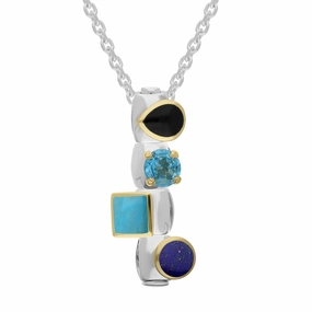 Sterling Silver Whitby Jet Topaz Turquoise Lapis Lazuli Stepping Stones Four Charm Necklace