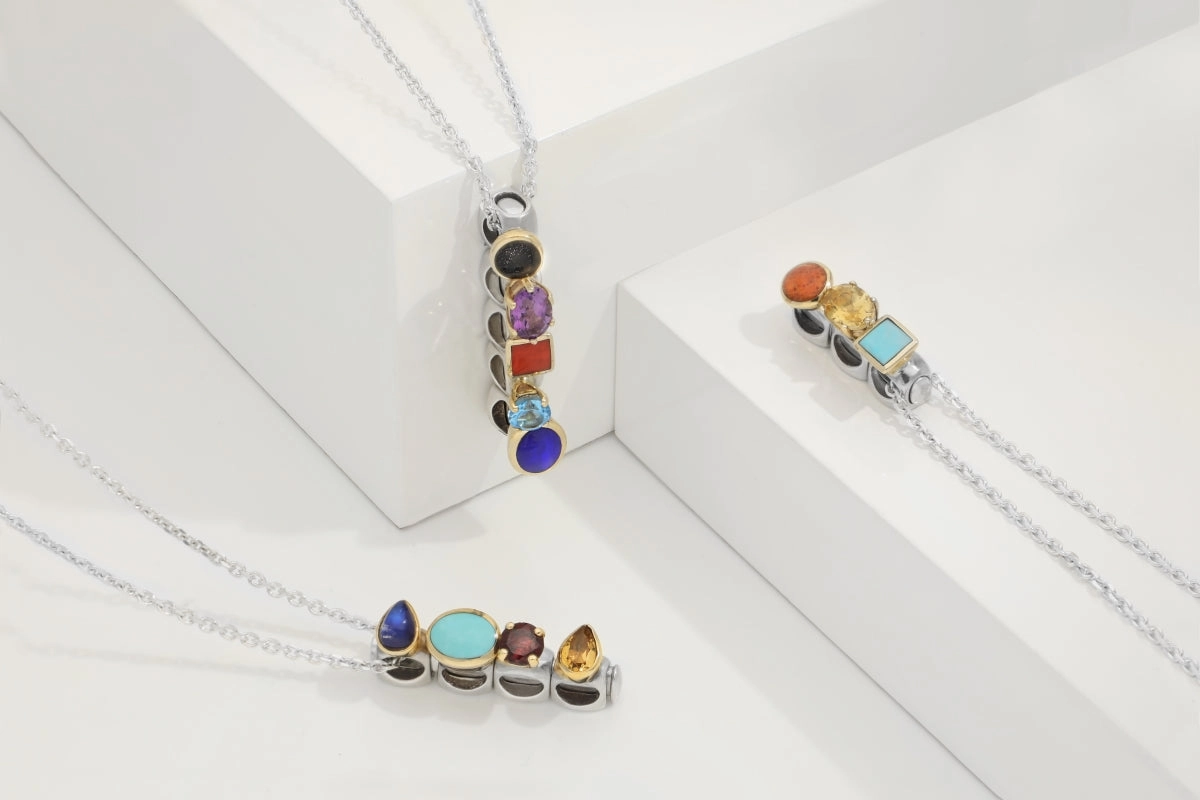 Sterling Silver Whitby Jet Topaz Turquoise Lapis Lazuli Stepping Stones Four Charm Necklace