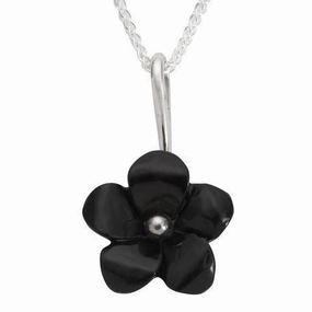 Sterling Silver Whitby Jet Tuberose Five Petal Flower Necklace