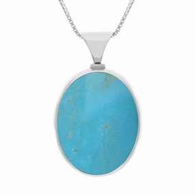 Sterling Silver Whitby Jet Turquoise King's Coronation Hallmark Double Sided Oval Necklace D