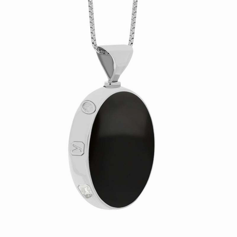 Sterling Silver Whitby Jet Turquoise King's Coronation Hallmark Double Sided Oval Necklace D