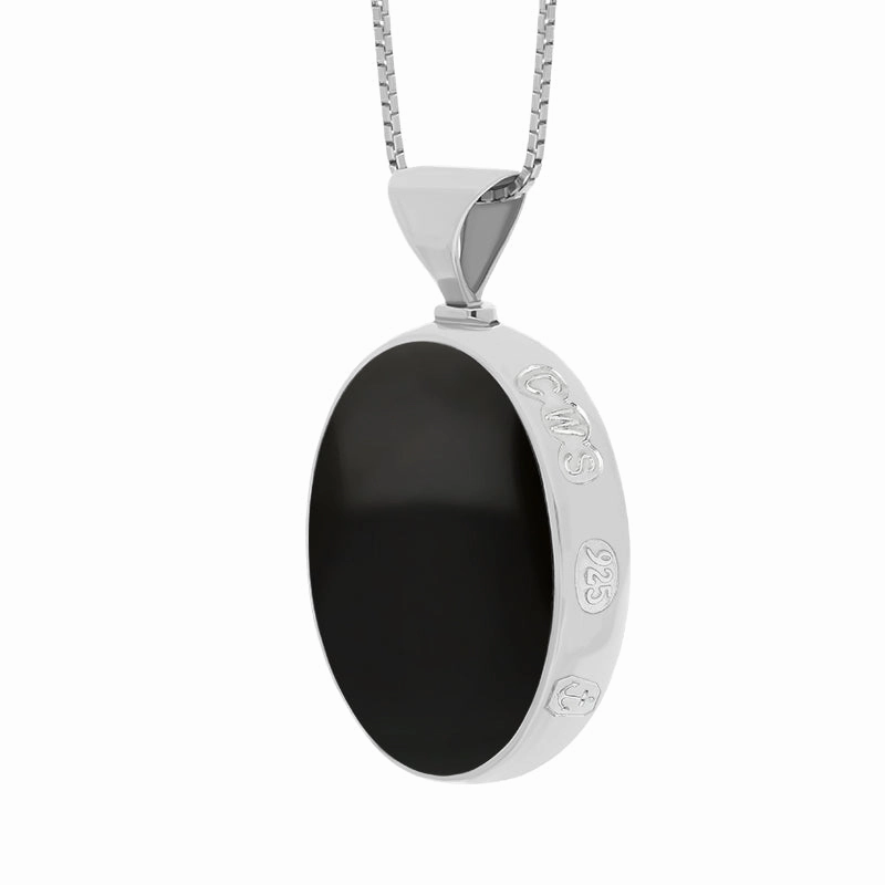 Sterling Silver Whitby Jet Turquoise King's Coronation Hallmark Double Sided Oval Necklace D
