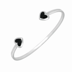Sterling Silver Whitby Jet Two Stone Heart Bangle