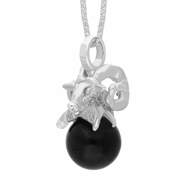 Sterling Silver Whitby Jet Zodiac Aries 8mm Bead Pendant