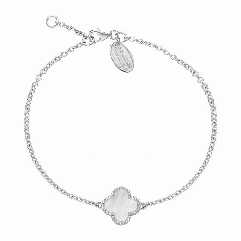 Sterling Silver White Mother of Pearl Bloom Four Leaf Clover Ball Edge Chain Bracelet