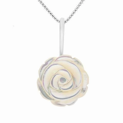Sterling Silver White Mother of Pearl Tuberose 18mm Rose Necklace