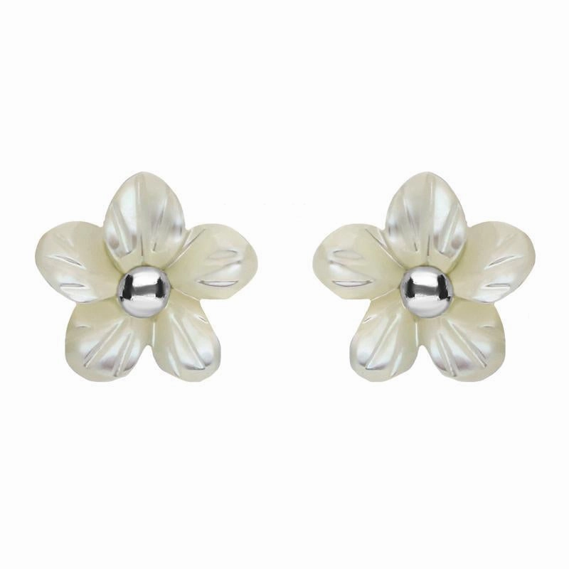 Sterling Silver White Mother of Pearl Tuberose 8mm Pansy Stud Earrings