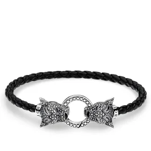 Thomas Sabo Rebel at Heart Sterling Silver Black Leather Cat Bracelet