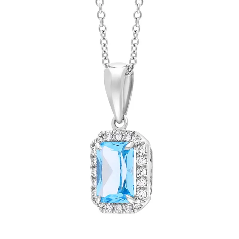 Tivon 18ct White Gold Blue Topaz Diamond Cluster Emerald Cut Necklace