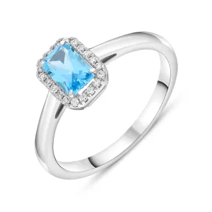 Tivon 18ct White Gold Blue Topaz Diamond Emerald Cut Cluster Ring