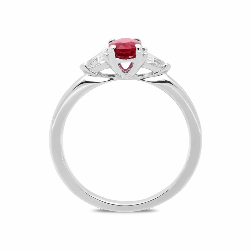 White Gold 0.60ct Ruby Diamond Oval Cut Trilogy Ring