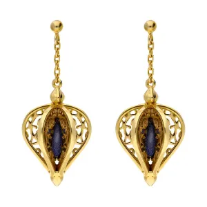 Yellow Gold Plated Sterling Silver Blue Goldstone Flore Filigree Drop Earrings