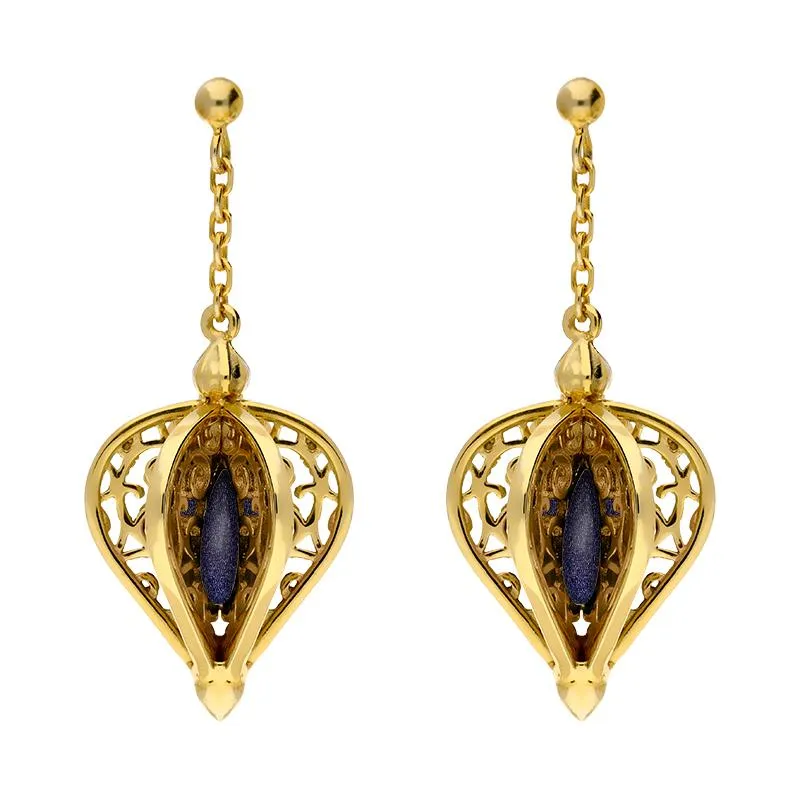 Yellow Gold Plated Sterling Silver Blue Goldstone Flore Filigree Drop Earrings