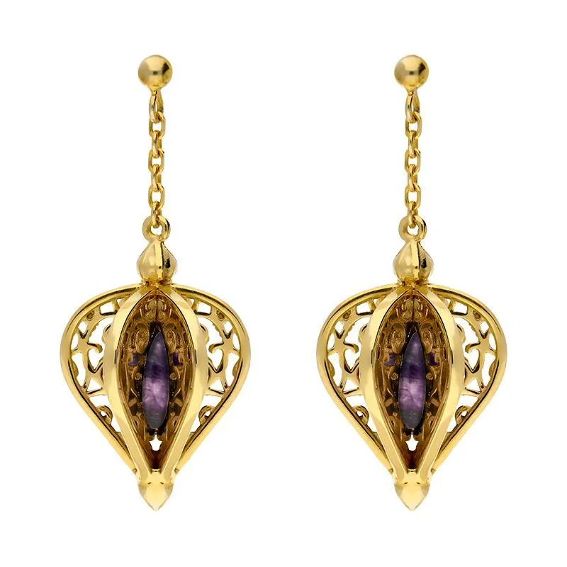 Yellow Gold Plated Sterling Silver Blue John Flore Filigree Drop Earrings D