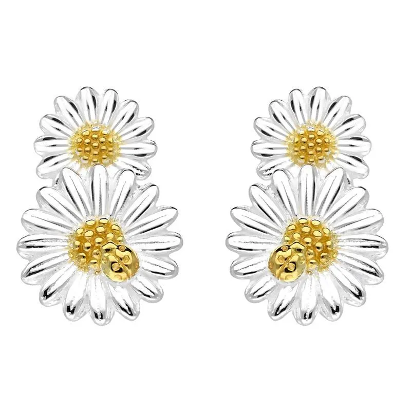 Yellow Gold Plated Sterling Silver Double Daisy Stud Earrings