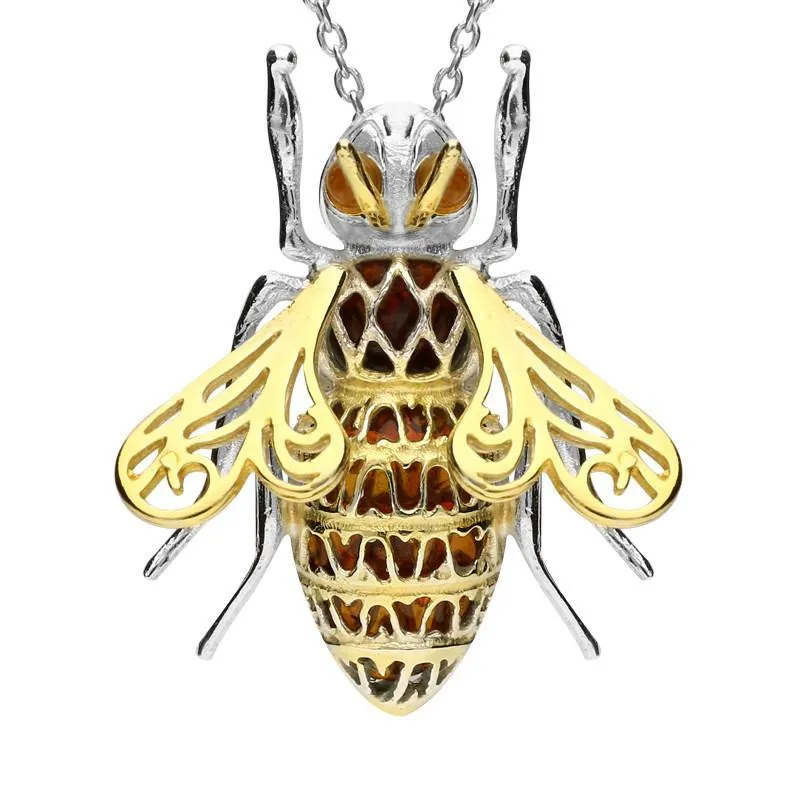 Yellow Gold Sterling Silver Plated Amber Honey Bee Necklace
