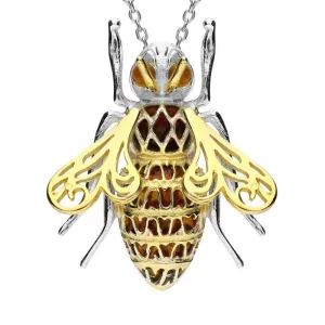 Yellow Gold Sterling Silver Plated Amber Honey Bee Necklace
