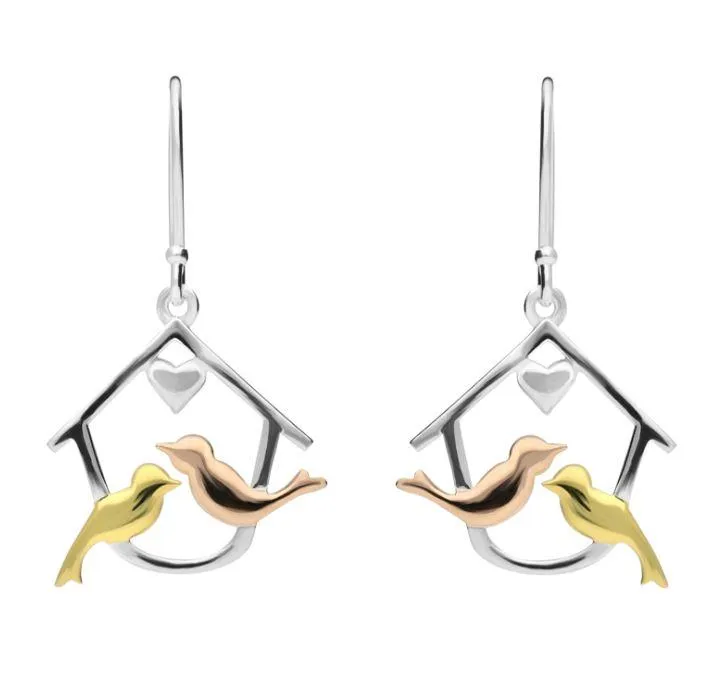 Yellow Rose Gold Sterling Silver Plated Two Turtle Doves Hook Earrings