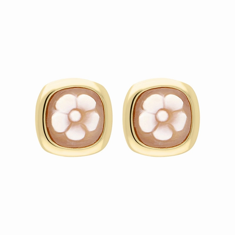 Yellow Gold Plated Sterling Silver Cameo Five Petal Flower Stud Earrings D