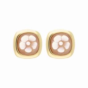 Yellow Gold Plated Sterling Silver Cameo Five Petal Flower Stud Earrings D