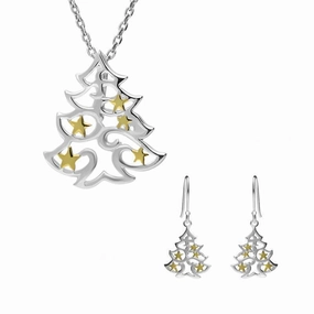 Yellow Gold Plated Sterling Silver Christmas Tree with Stars Two Piece Set