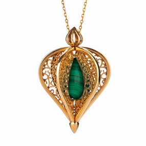 Yellow Gold Plated Sterling Silver Malachite Flore Filigree Droplet Necklace