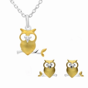 Yellow Gold Plated Sterling Silver Owl Branch Two Piece Set