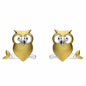 Yellow Gold Sterling Silver Plated Owl on a Branch Stud Earrings