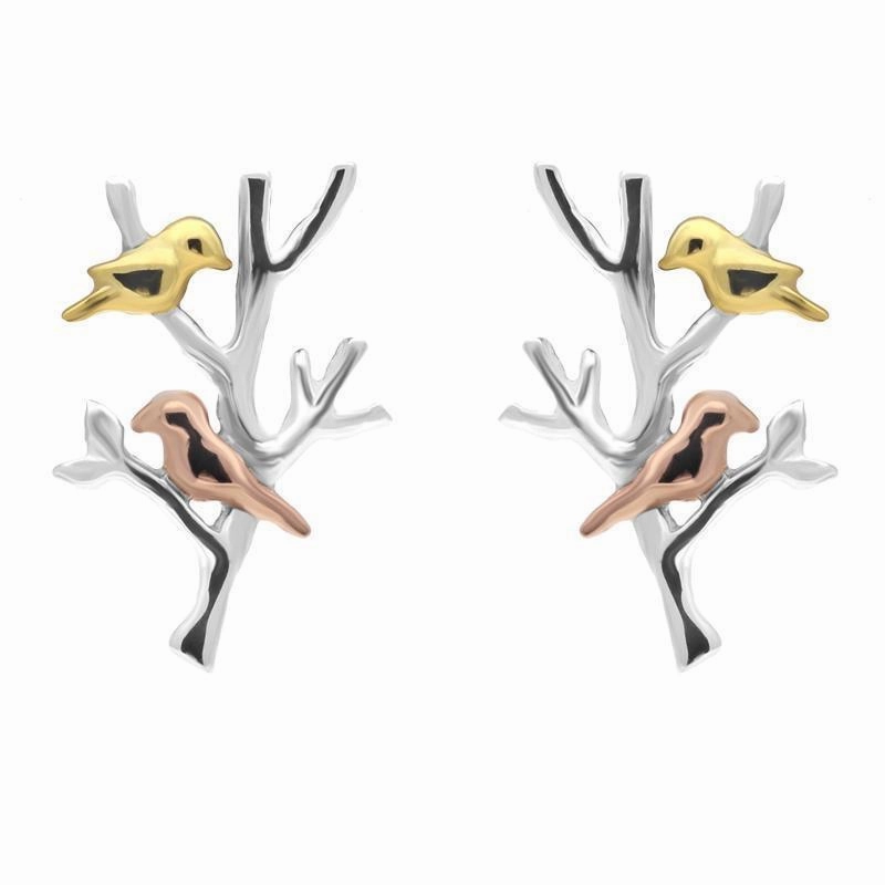 Yellow Rose Gold Sterling Silver Plated Partridge in a Pear Tree Stud Earrings