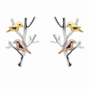 Yellow Rose Gold Sterling Silver Plated Partridge in a Pear Tree Stud Earrings