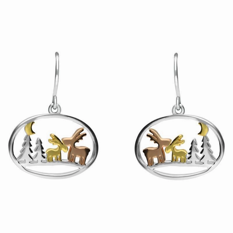 Yellow Rose Gold Sterling Silver Plated Reindeer and Trees Hook Earrings