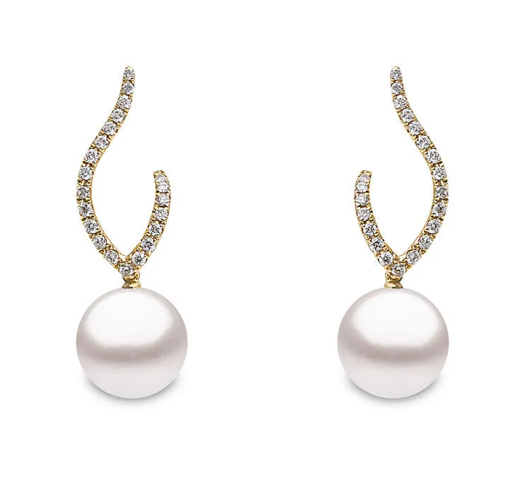 Yoko Pearls 18ct Yellow Gold 0.22ct Diamond Freshwater Pearl Double Curve Drop Earrings
